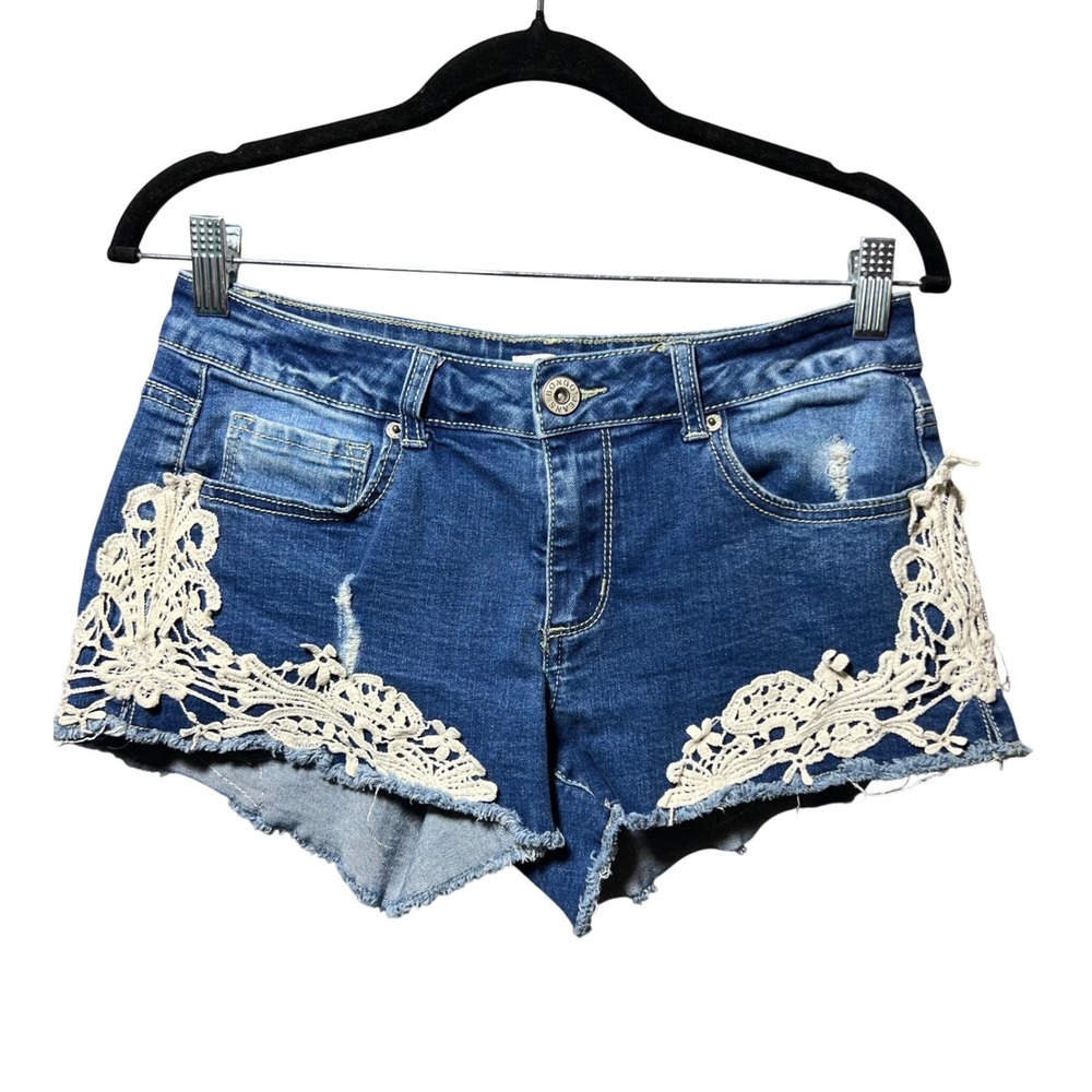 Bongo Blue Denim Shorts Crochet Lace Trim Distressed Frayed Juniors Size 9